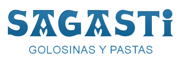 Logotipo de SAGASTI en azul con las palabras &ldquo;GOLOSINAS Y PASTAS&rdquo; debajo sobre un fondo blanco.