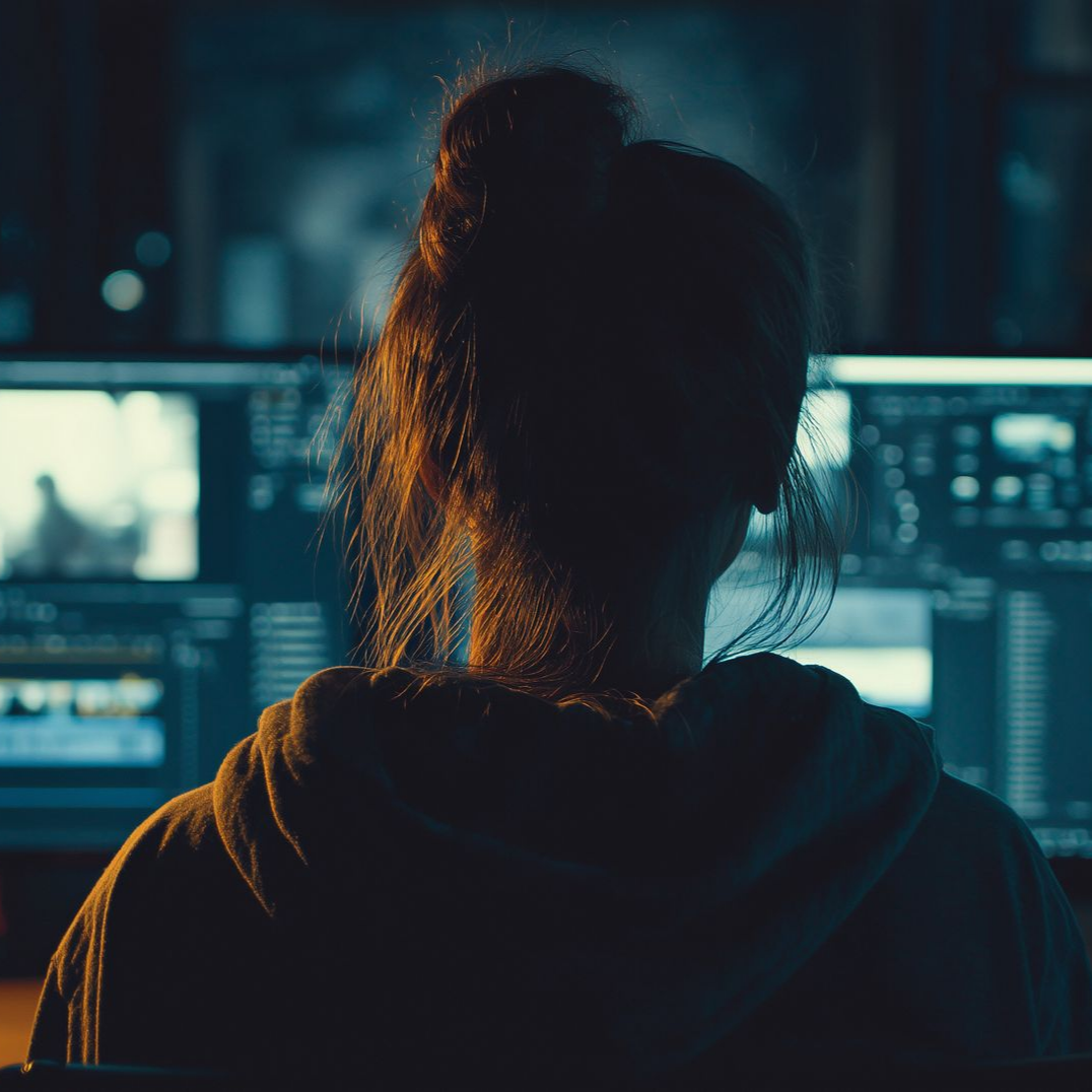 Personne effectuant le montage vidéo sur deux écrans d'ordinateur dans une pièce faiblement éclairée, coiffure en chignon.