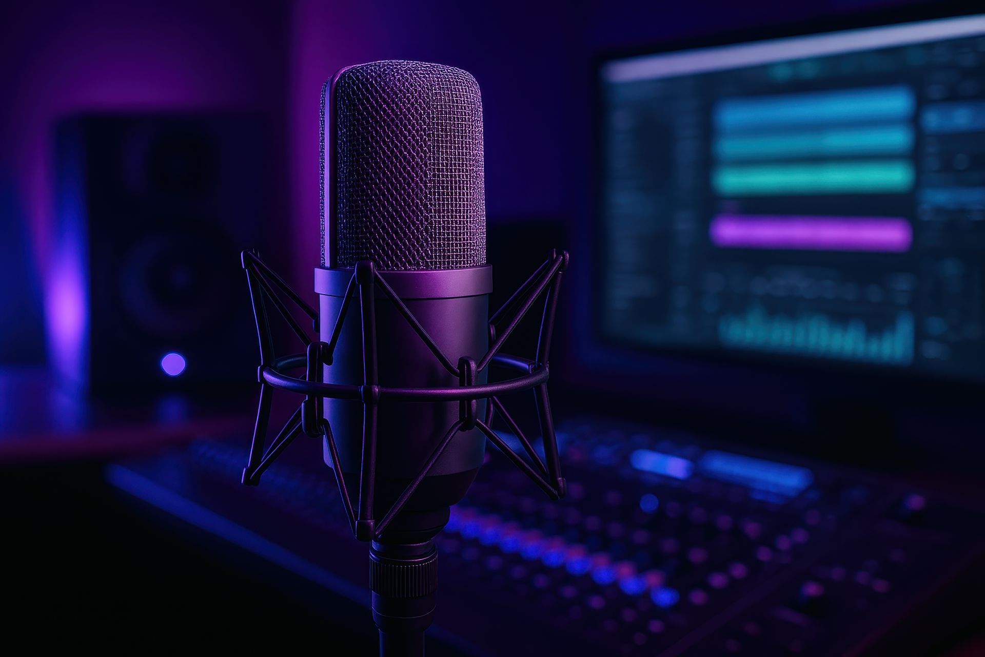 Microphone de studio au premier plan, ordinateur avec logiciel de montage audio visible en arrière-plan ; éclairage violet.