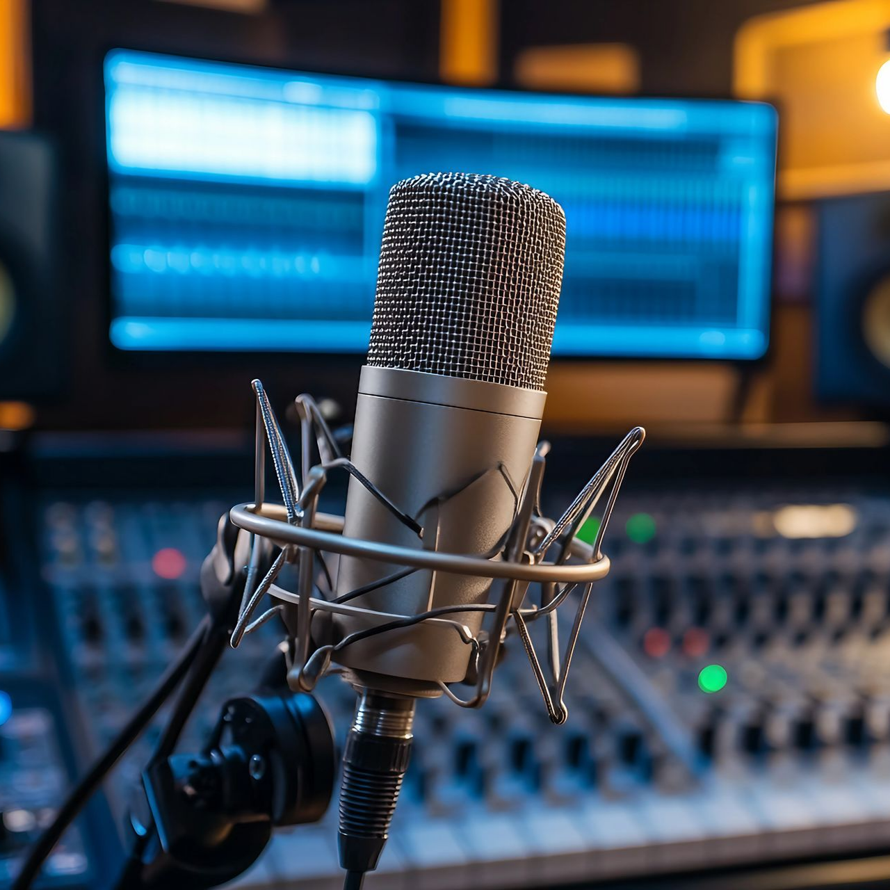 Microphone dans un studio d'enregistrement, avec table de mixage, écran d'ordinateur et haut-parleurs en arrière-plan.