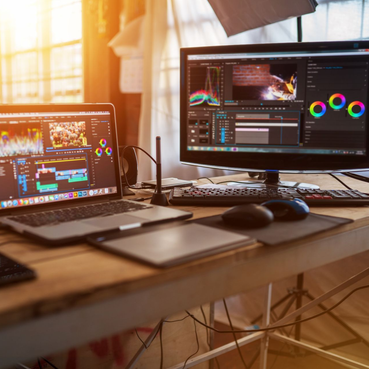 Un ordinateur portable et un écran affichant un logiciel de montage vidéo sont posés sur un bureau dans un studio bien éclairé.