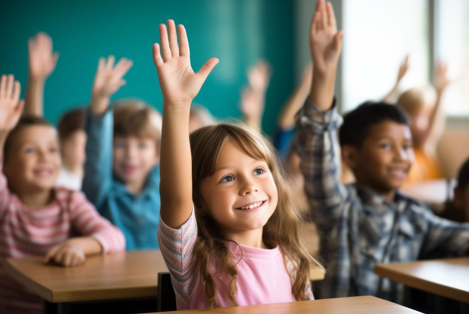 Une classe avec des enfants souriants en train de lever la main pour répondre