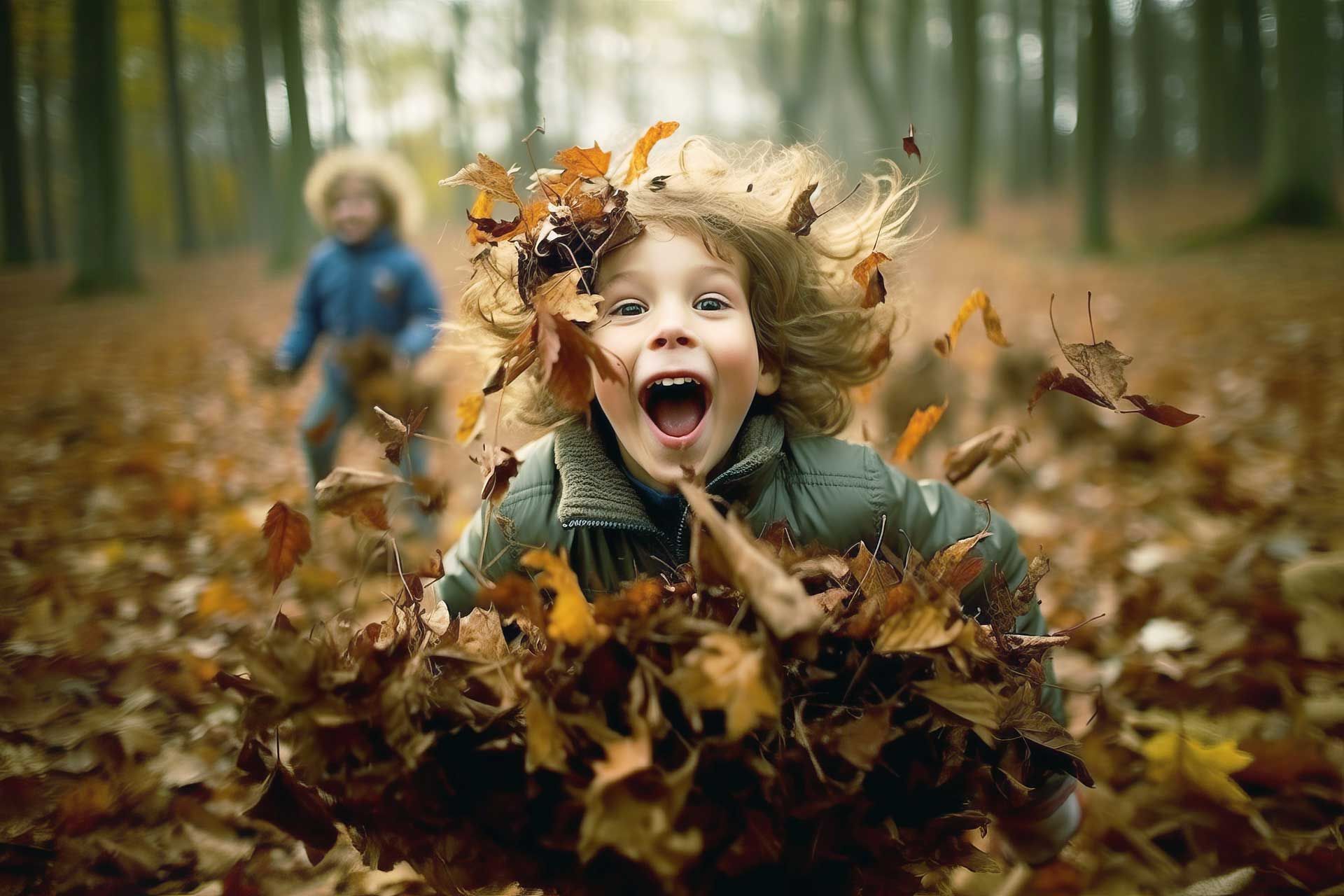 Un enfant jouant dans un tas de feuilles