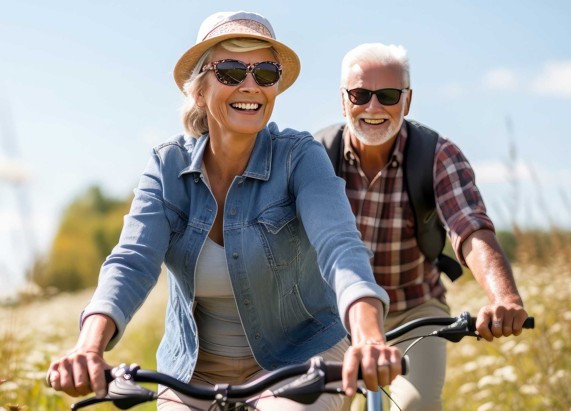 Un couple de personnes âgées se promenent à vélo