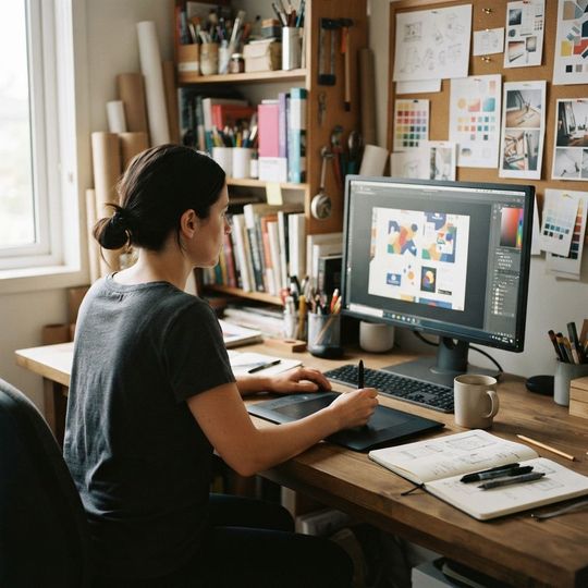 Espacio de trabajo con monitor mostrando proyecto de dise&ntilde;o en progreso, rodeado