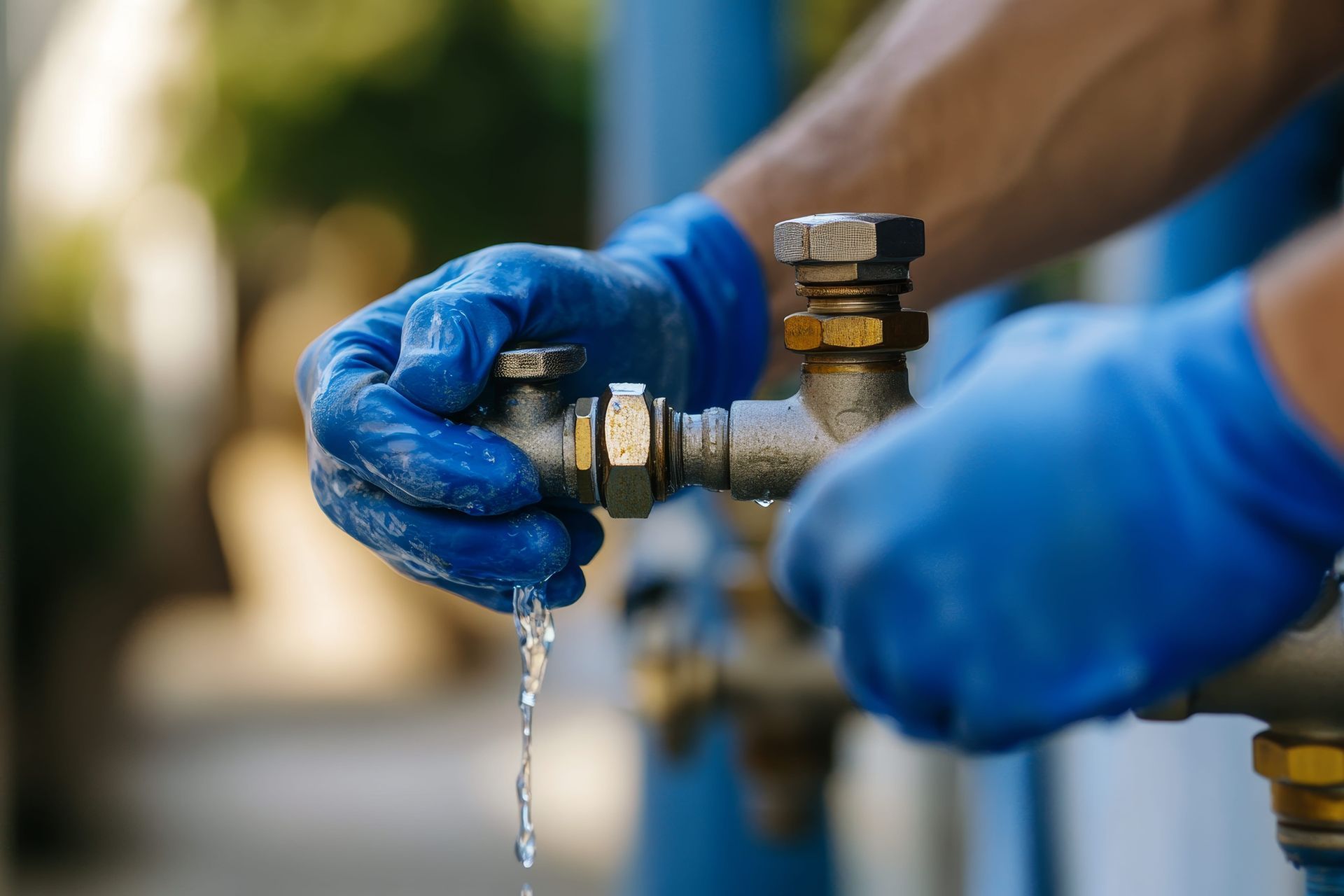 Manos enguantadas de azul aprietan una válvula de tubería metálica con fugas al aire libre, con agua goteando.