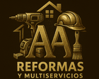 Logotipo dorado de &ldquo;AA Reformas y Multiservicios&rdquo; con un taladro, una casa, una escalera, un casco
