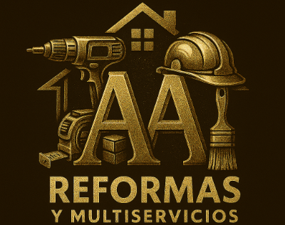 Logotipo dorado de “AA Reformas y Multiservicios” con un taladro, una casa, una escalera, un casco