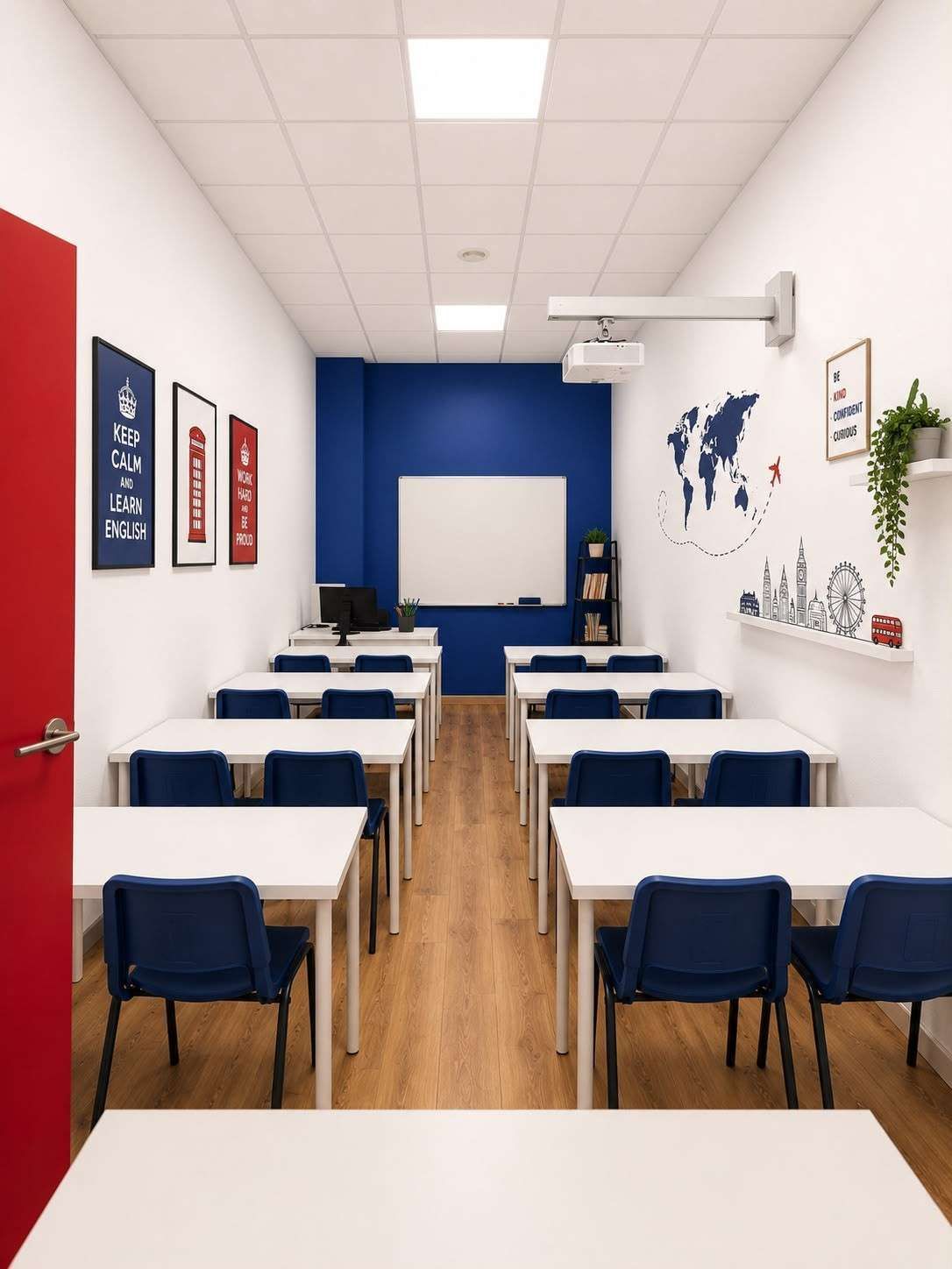 Aula vacía con decoración azul y blanca, filas de pupitres y un mapamundi en la pared.