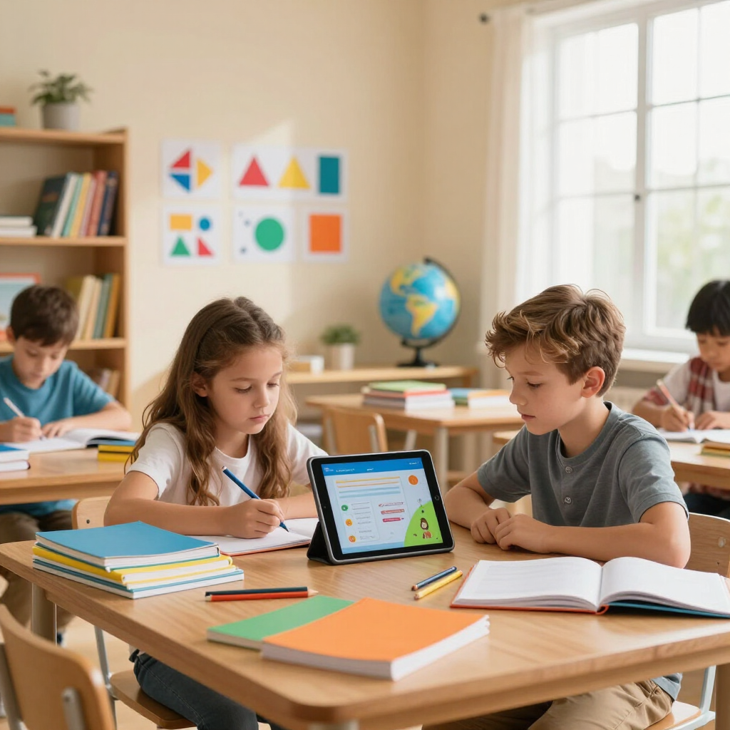 Niños en un aula usando una tableta en un pupitre, con libros, carteles y un globo terráqueo de fondo.