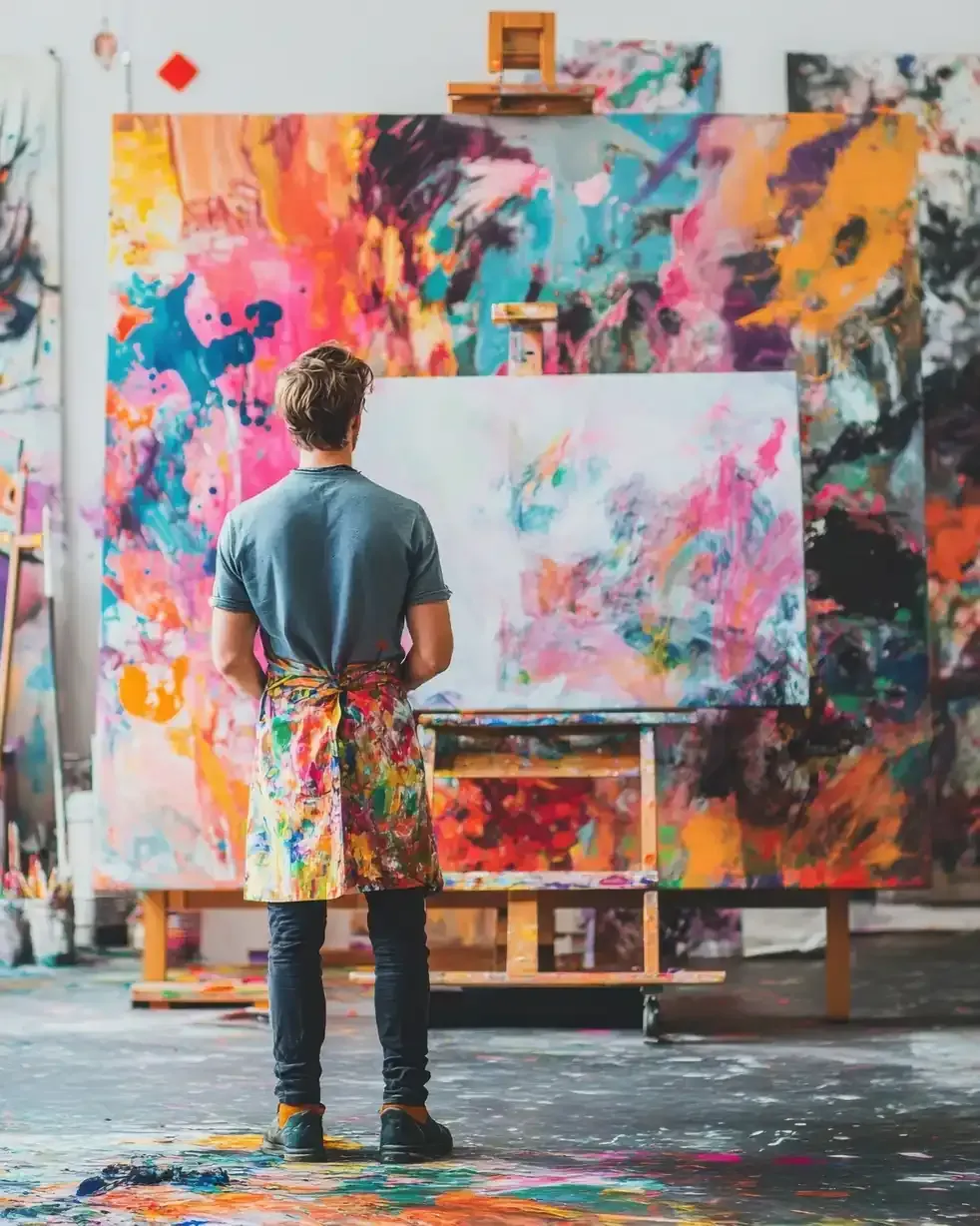 Artista con un delantal colorido frente a un lienzo en un estudio salpicado de pintura.