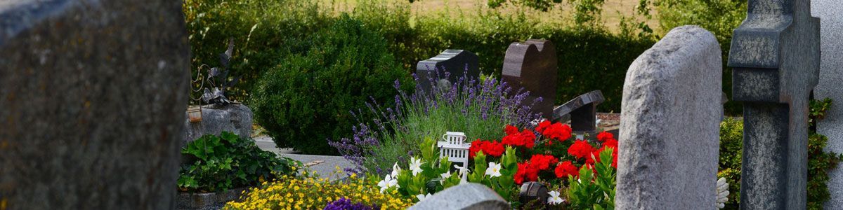 Ein Friedhof mit Blumen und einem Kreuz in der Mitte
