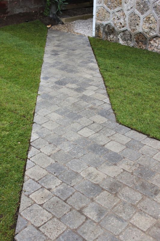 Gros plan sur une allée de jardin pavée