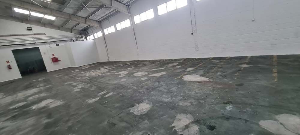 Interior de un almacén vacío. Se ven paredes blancas y suelo de hormigón. La luz del sol entra a raudales por las ventanas de la pared superior.