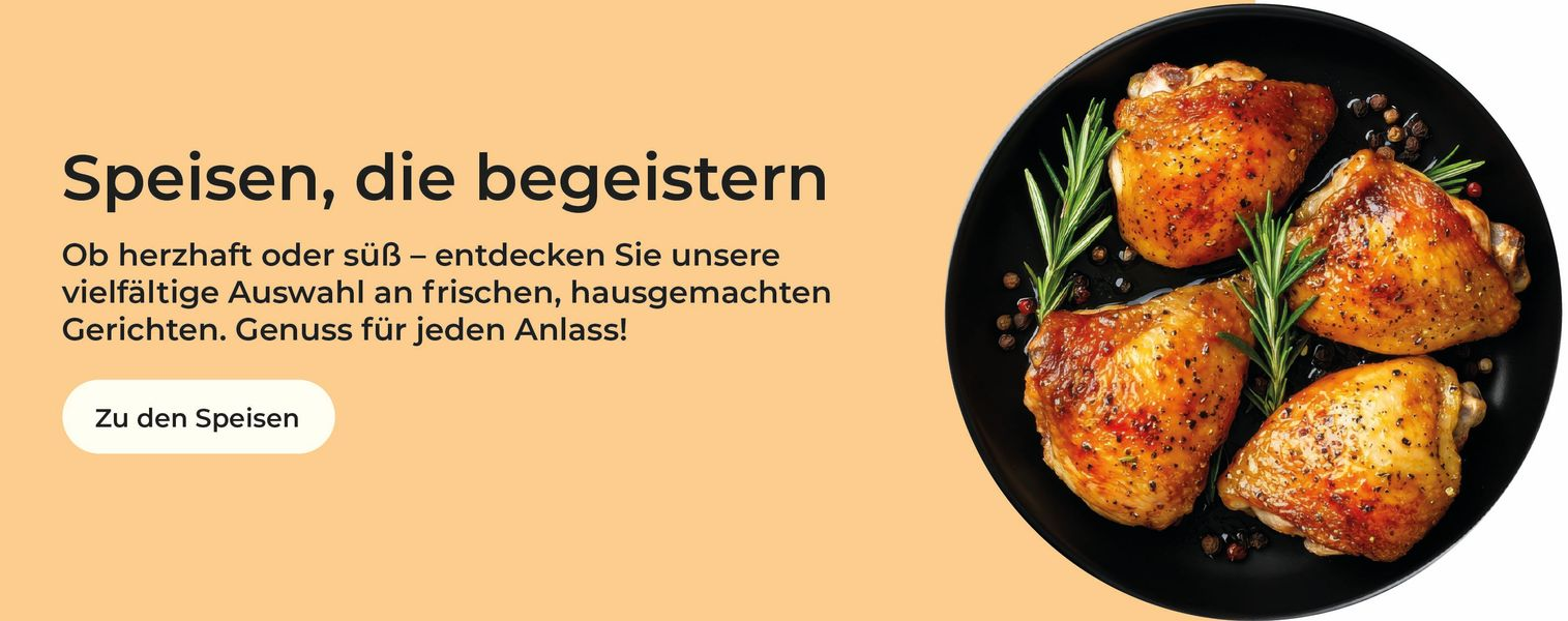 Gebratene Hähnchenschenkel auf einem schwarzen Teller mit Rosmarin vor einem hellorangen Hintergrund.
