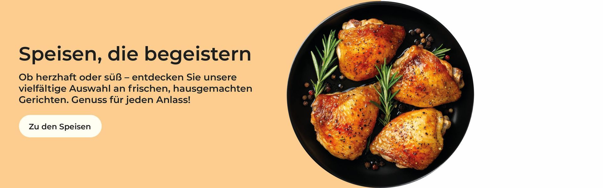 Grilled chicken thighs in a pan with rosemary. Text: 