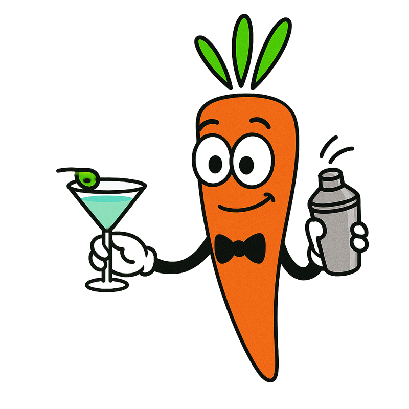 Cartoon-Karotten-Barkeeper, der einen Martini und einen Shaker hält. Orange Karotte mit Fliege, grüne und weiße Farben.