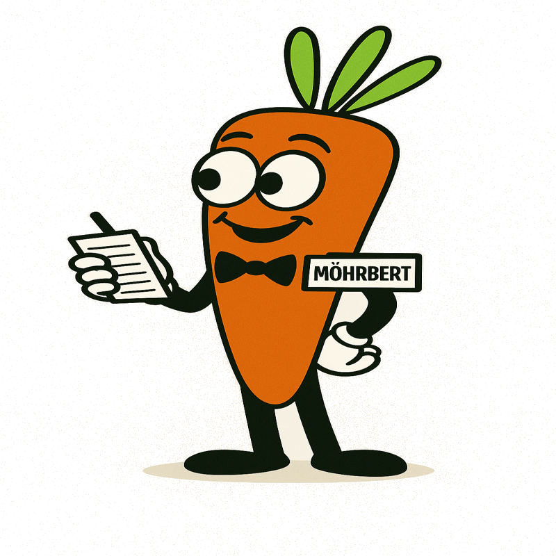 Die Karotten-Cartoonfigur „Möhrbert“ mit Fliege hält einen Notizblock und einen Stift in der Hand und lächelt.