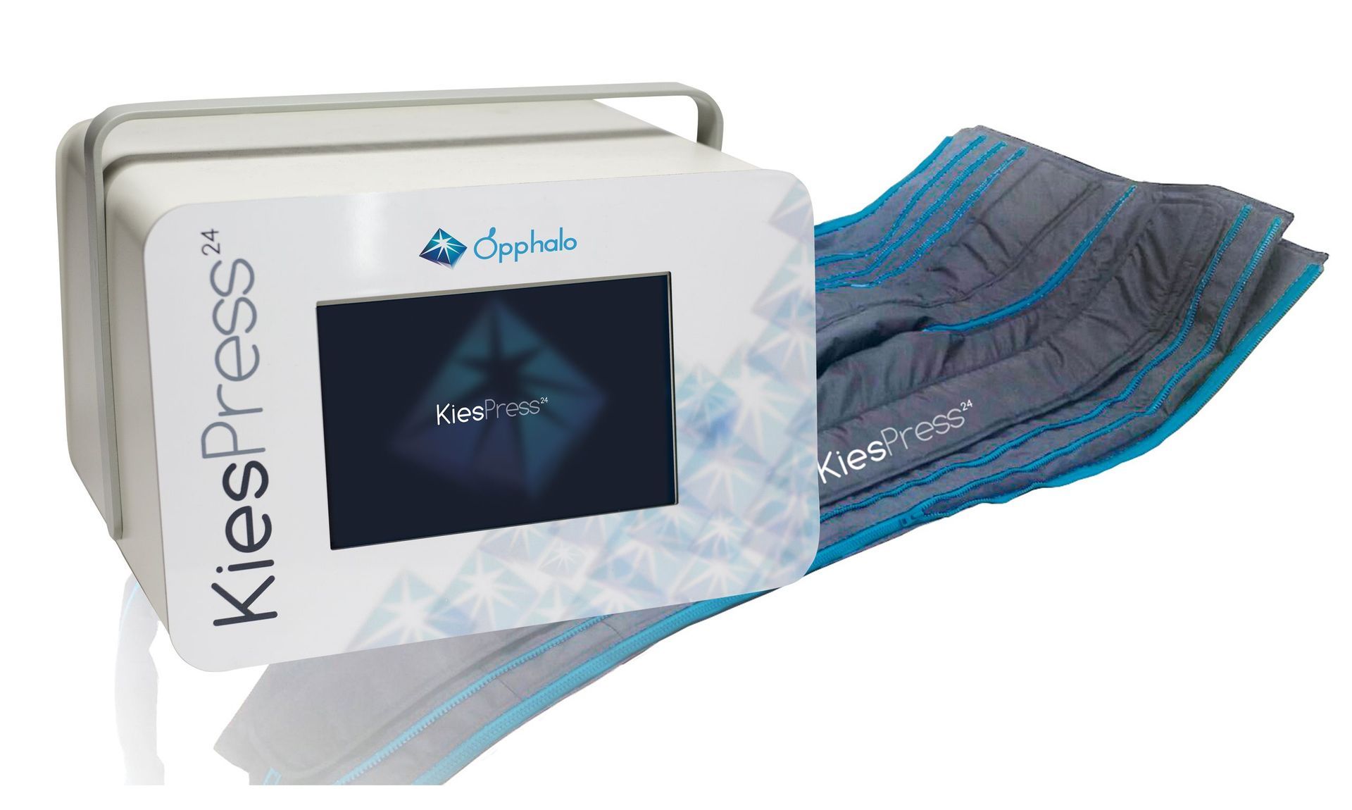 Máquina KiesPress blanca con envoltura de compresión azul y gris adjunta.