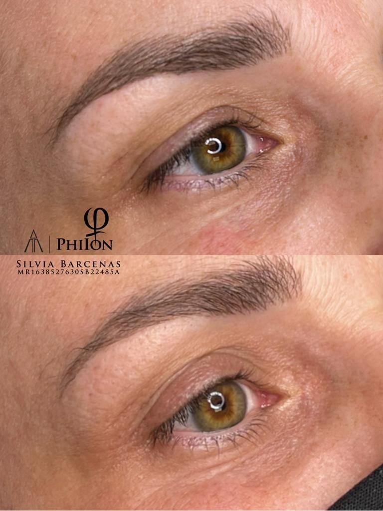 Primer plano de ojos con cejas sombreadas. Antes y después del maquillaje permanente.