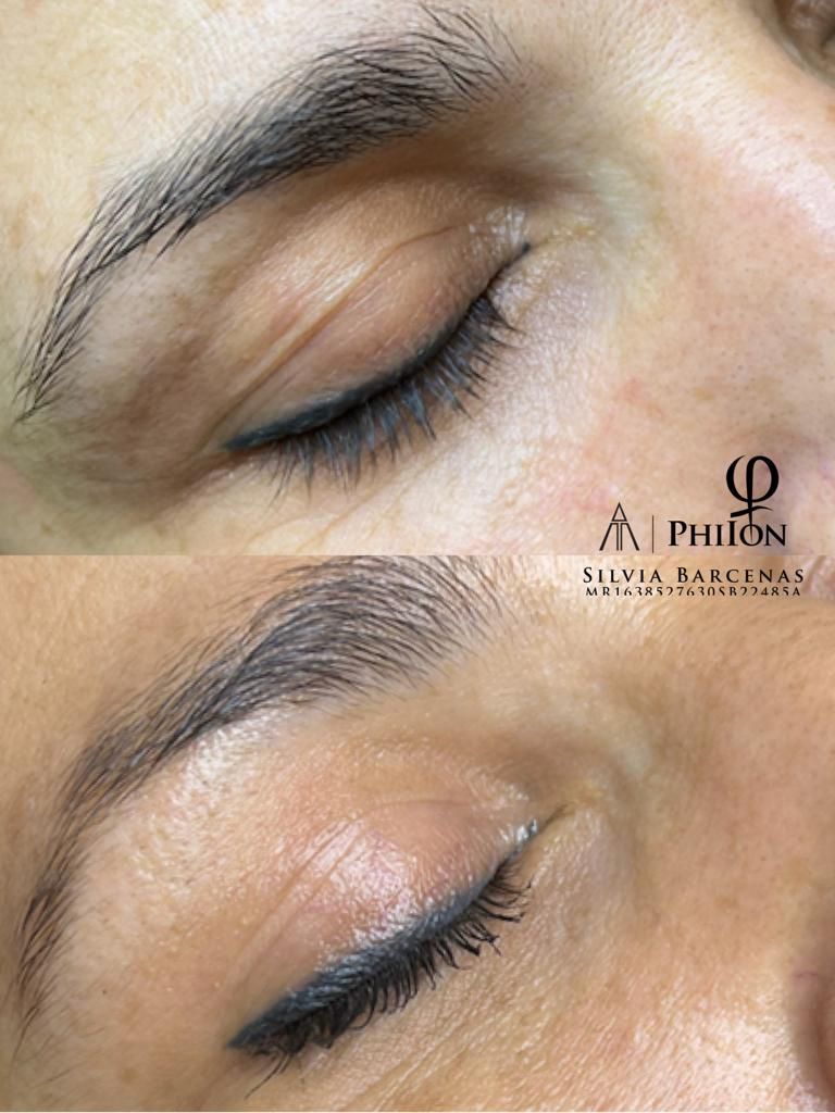 Antes y después del delineado y aumento de cejas, primer plano del ojo. Delineado negro y cejas rellenas.