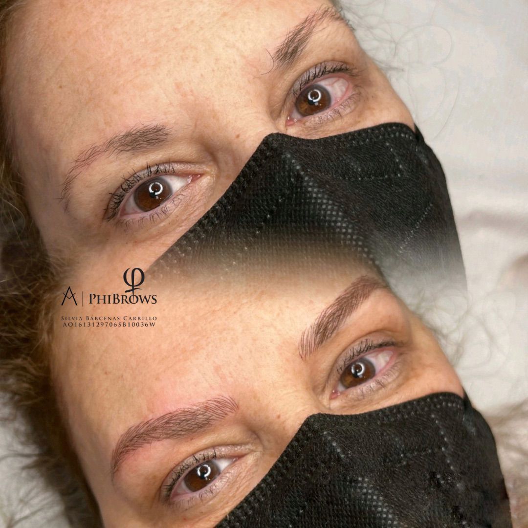 Antes y después de la depilación permanente de cejas en una persona con máscara negra. Cejas más claras y rellenas.