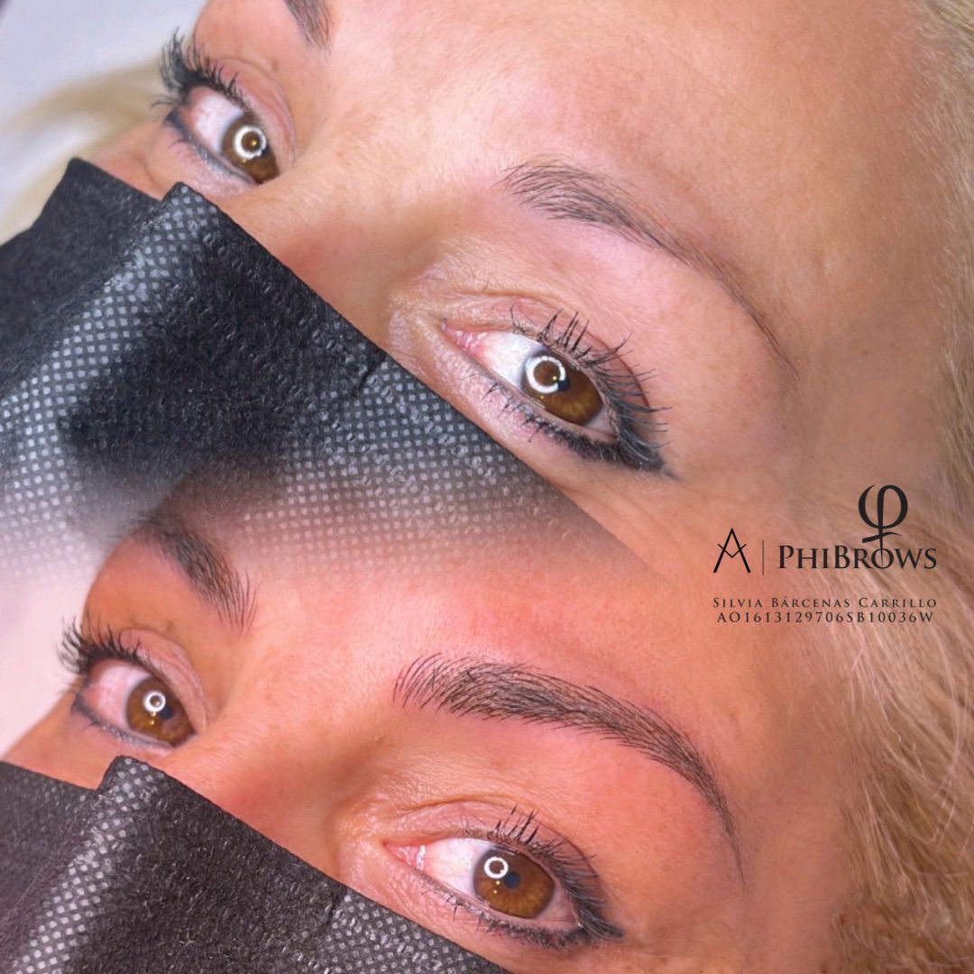 Antes y después de las cejas; mujer con un ojo visible por encima de una máscara negra en cada toma, ojos marrones.