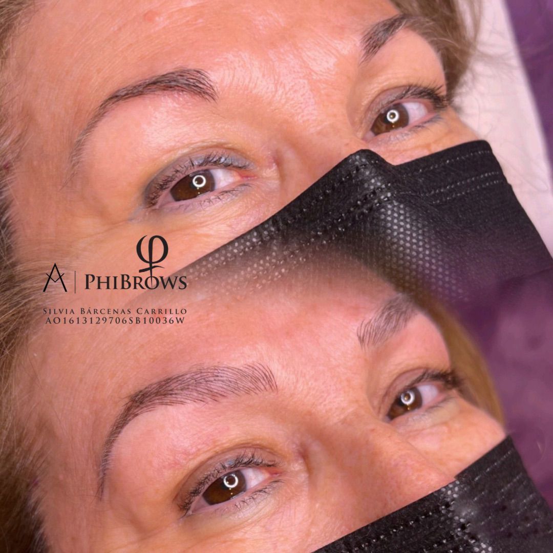 Microblading de cejas antes y después, primer plano, mujer con máscara oscura, cejas marrón claro.