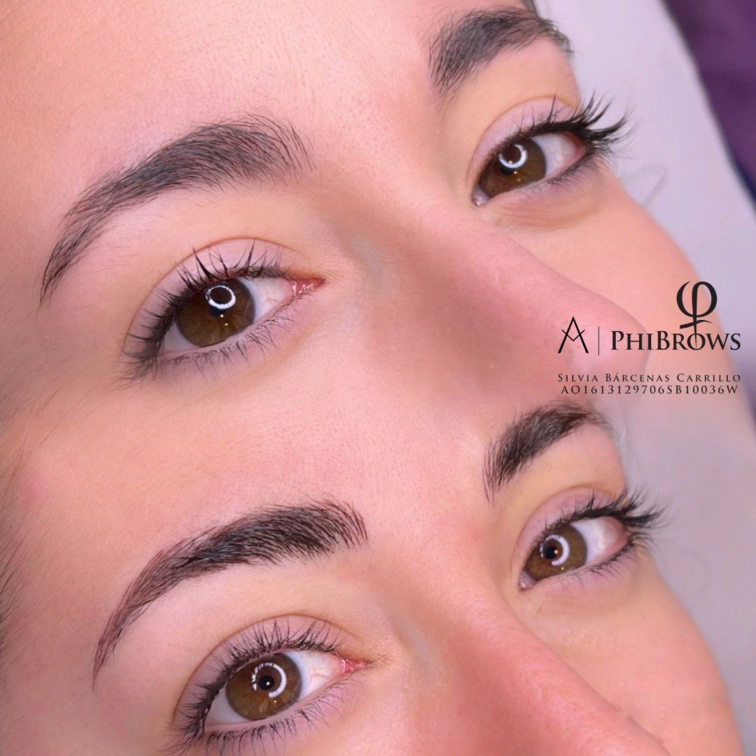 Primer plano de los ojos y las cejas de una persona antes y después del microblading, piel morena.