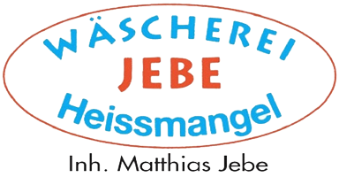 A blue and red logo for wascherei jebe heissmangel