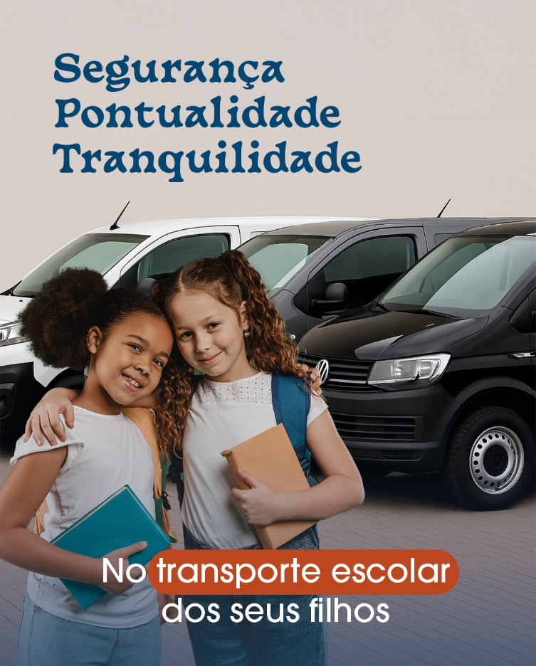 Duas meninas com livros em frente a vans de transporte escolar.