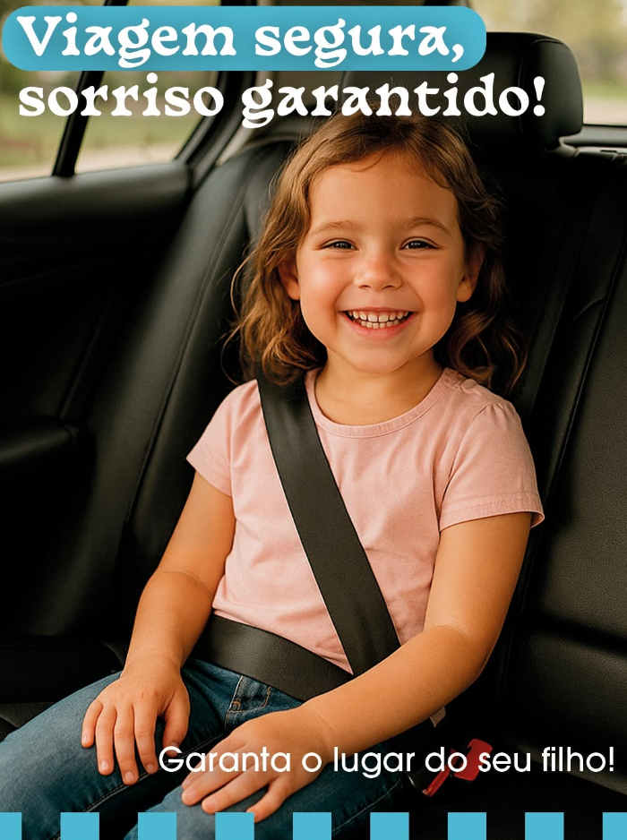 Criança sorridente na cadeirinha com o cinto de segurança afivelado