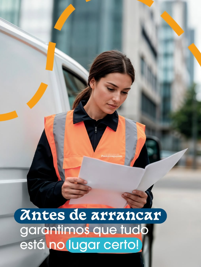 Uma mulher com colete de segurança lê documentos ao lado de uma van de entregas