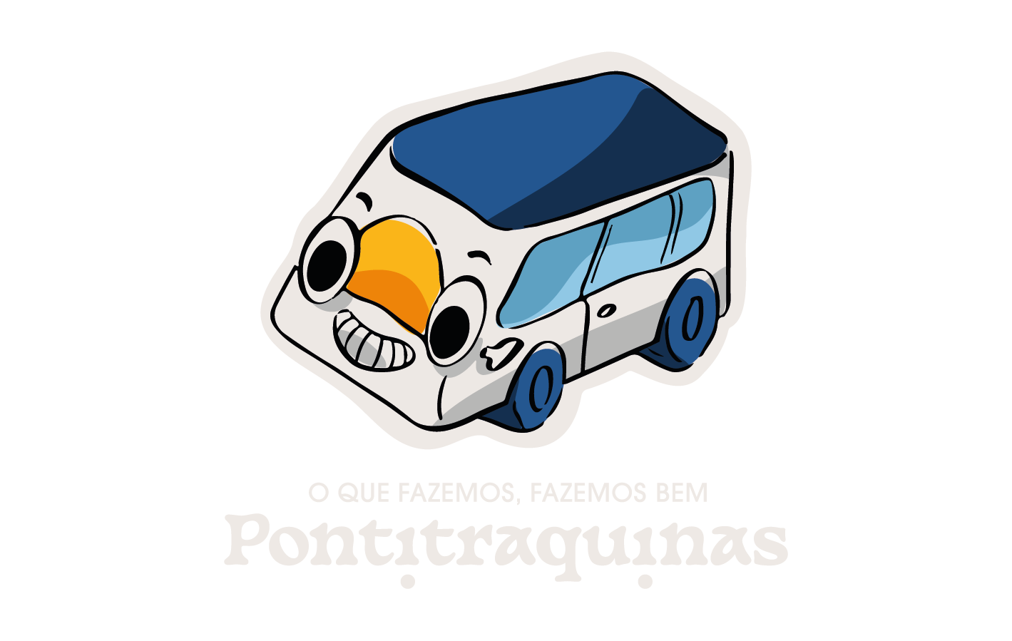 Cartoon bus with blue outlines, yellow roof, smiling. Text reads: "O QUE FAZEMOS, FAZEMOS BEM" and "Desde Junho '23".