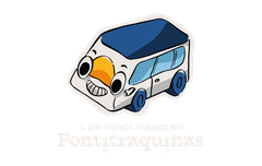 Cartoon bus with blue outlines, yellow roof, smiling. Text reads: "O QUE FAZEMOS, FAZEMOS BEM" and "Desde Junho '23".