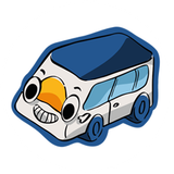 Cartoon bus with blue outlines, yellow roof, smiling. Text reads: 