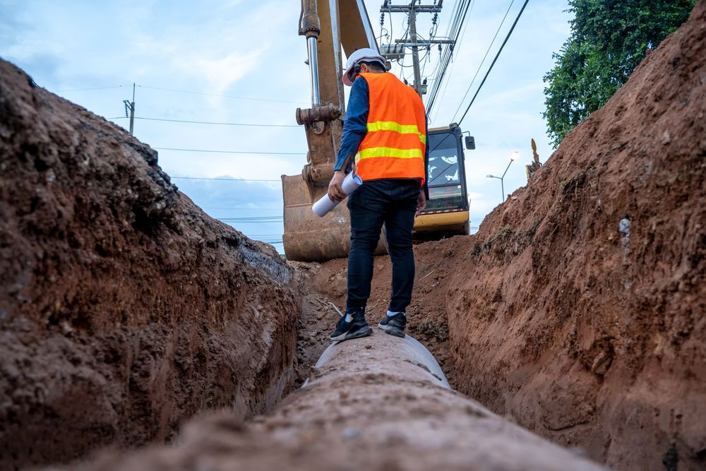 Trabajador de la construcción con chaleco de seguridad inspeccionando una tubería en una zanja, con una excavadora al fondo.