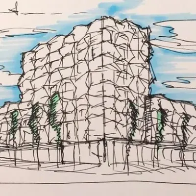 Un dibujo de una montaña con árboles delante.