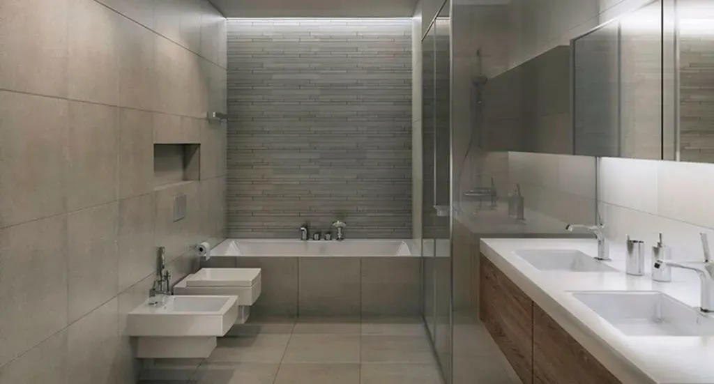 Un baño con dos lavabos, una bañera y una ducha.