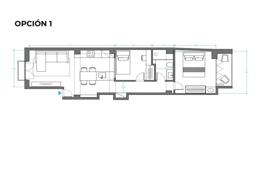 Un plano en blanco y negro de un apartamento pequeño.