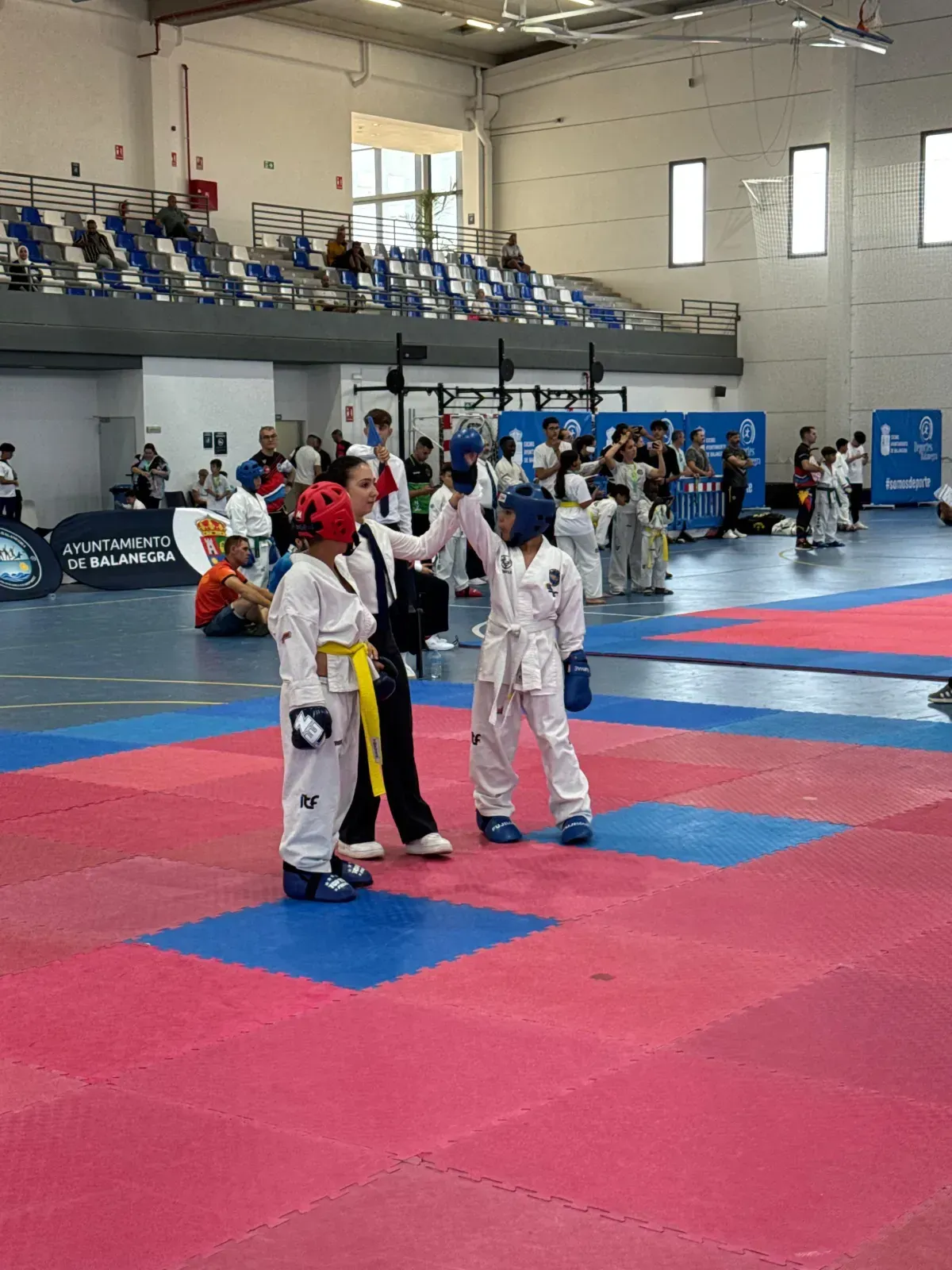 Un árbitro levanta la mano de un artista marcial con uniforme blanco, declarándolo ganador