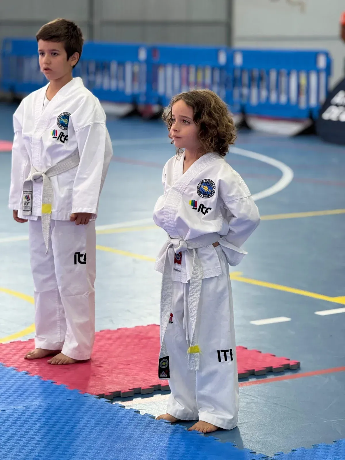 Dos niños con uniformes blancos de artes marciales y cinturones están de pie en un gimnasio sobre coloridas colchonetas.