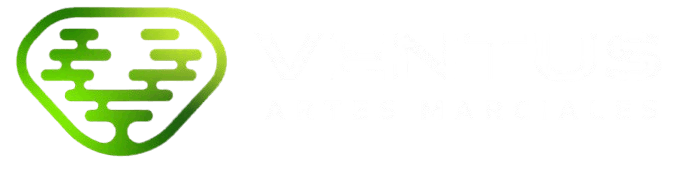 Un logotipo abstracto de color verde con forma de &aacute;rbol junto al texto blanco "VENTUS ARTES MARCIALES" sobre un fondo oscuro.