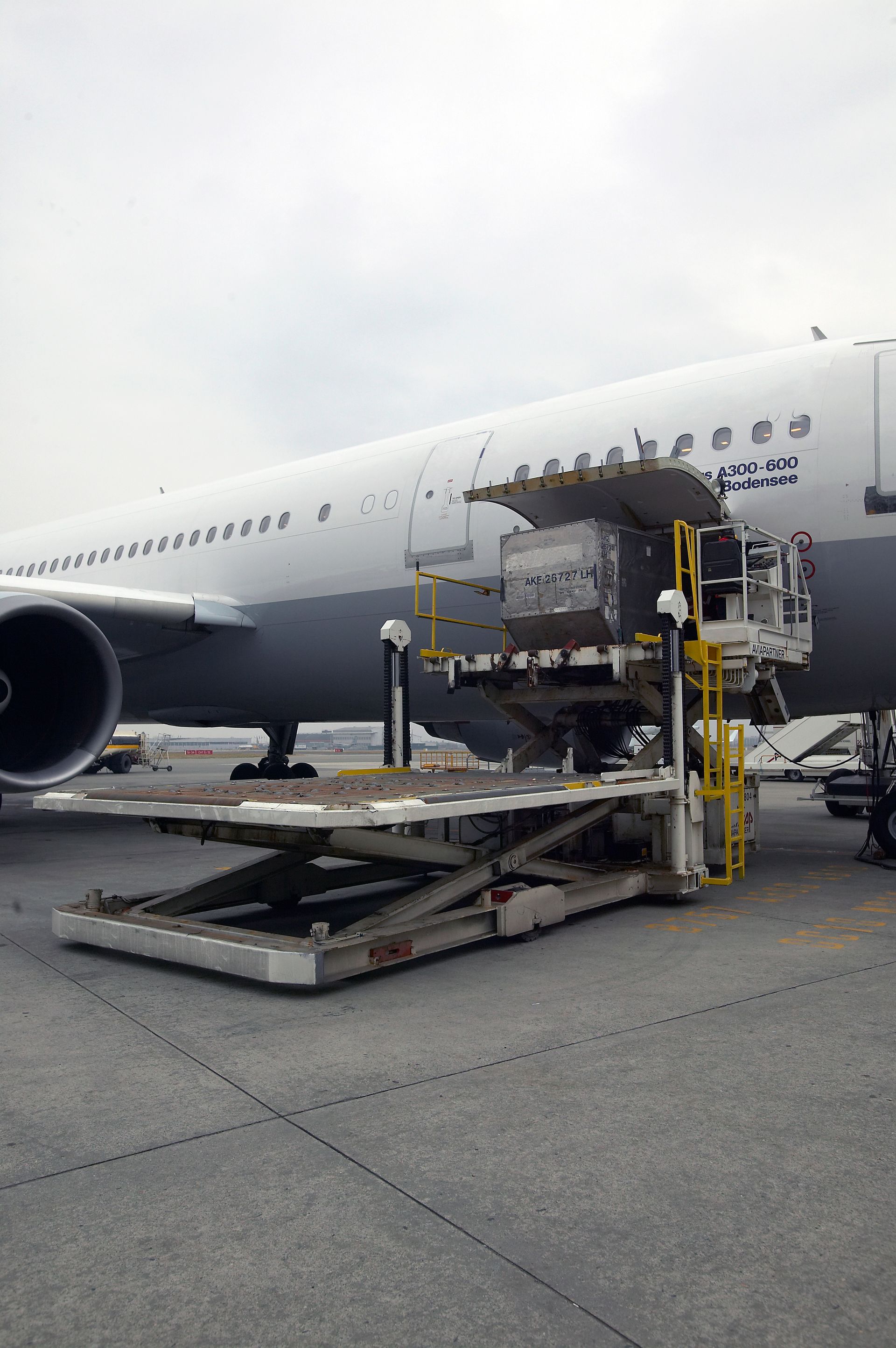 Chargement de la soute d’un avion avec un chariot de restauration ou de service à la porte d’embarquement de l’aéroport