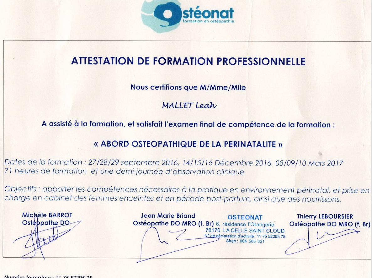 Attestation de formation ostéopathe