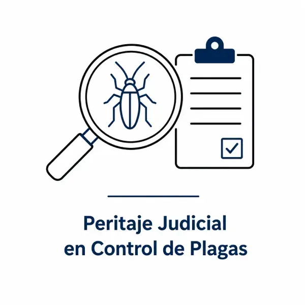 Logo de peritaje judicial en control de plagas con lupa, insecto y portapapeles azul.