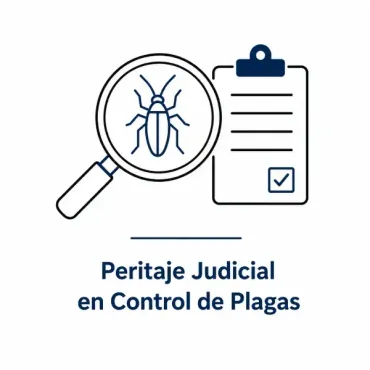 Logo de peritaje judicial en control de plagas con lupa, insecto y portapapeles azul.