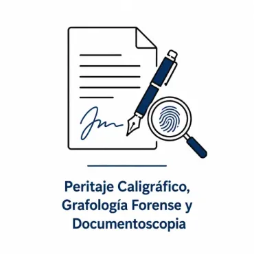 Logo de peritaje caligráfico y documentoscopía con documento, pluma y lupa azul.