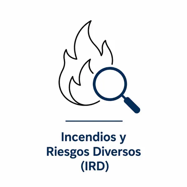 Logo de Incendios y Riesgos Diversos (IRD) con llama azul y lupa sobre fondo blanco