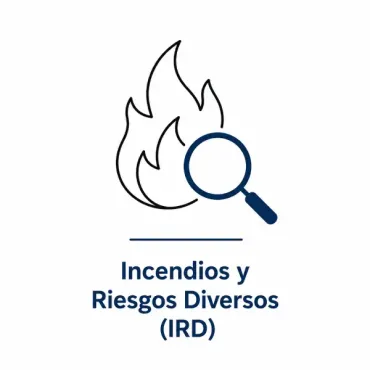 Logo de Incendios y Riesgos Diversos (IRD) con llama azul y lupa sobre fondo blanco